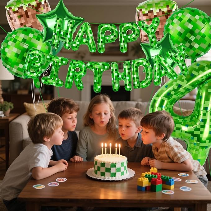 Green Pixel Themed Happy Birthday Banner Party Decorations Set Including 40 Inch Number 4 Foil Balloons, Themed Party Essentials, TNT Pixel Backdrop Supplies for Boys Indoor Outdoor Celebration