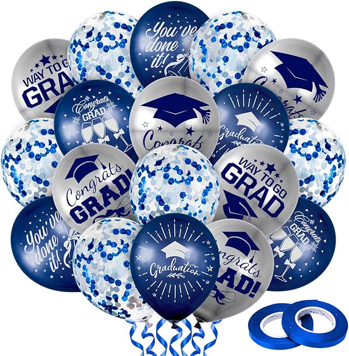 Whaline 60Pcs Graduation Party Balloon Set 7 Designs Confetti Latex Balloon with 2 Rolls Ribbon Grad Cap Congrats Grad Balloon for Graduation Party Decor Supplies (Navy Blue, Silver)
