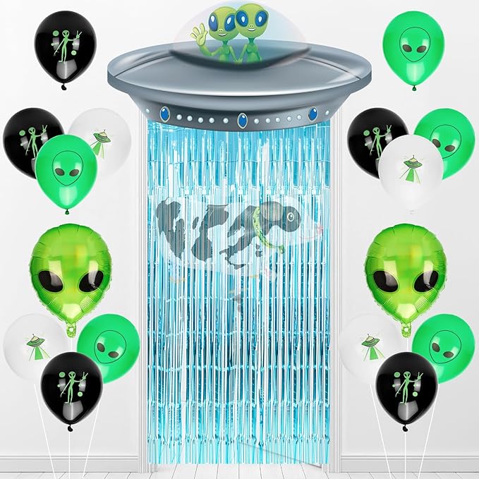 24PCS Alien Birthday Party Decorations Set, Space Theme Party Supplies with Alien & Cow Balloons Decorations, Blue Foil Fringe Curtain, Outer Space Birthday Decorations