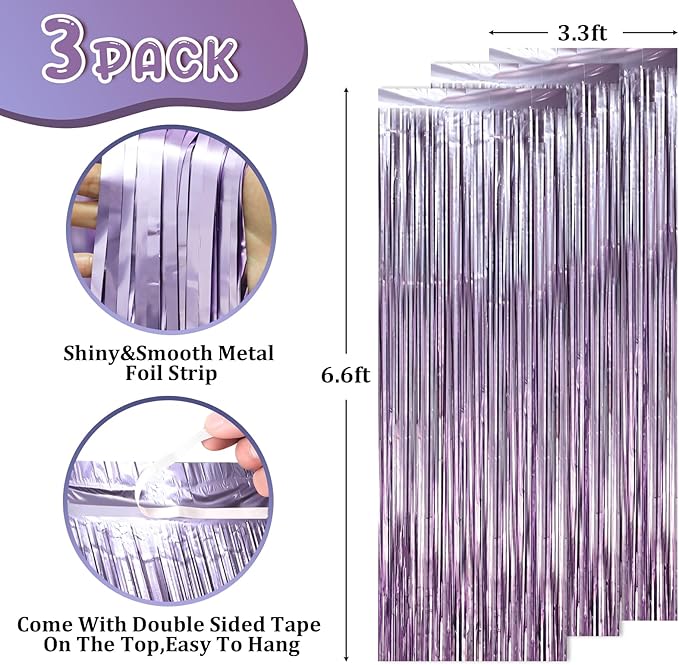 3.3 x 6.6 ft Foil Fringe Backdrop Curtains, Tinsel Streamers Party Decorations, Fringe Backdrop for Birthday, Baby Shower, Gender Reveal, Graduation (3, Light Purple)