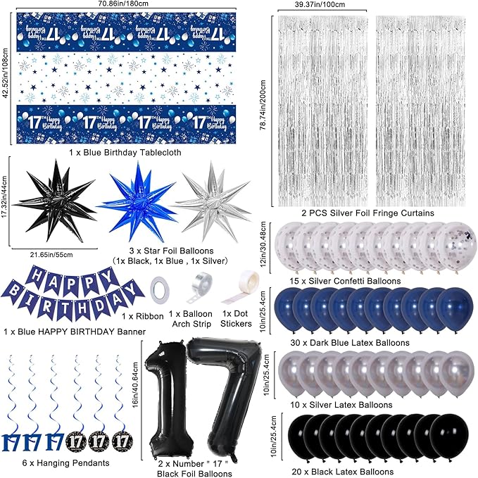 17th Birthday Decorations for Boys and Girls Dark Blue, 17 Birthday Decorations with HAPPY BIRTHDAY Banner 17 Balloon Number Tablecloth Foil Star Balloons Garland Arch Kit-17 Year Old Party Supplies