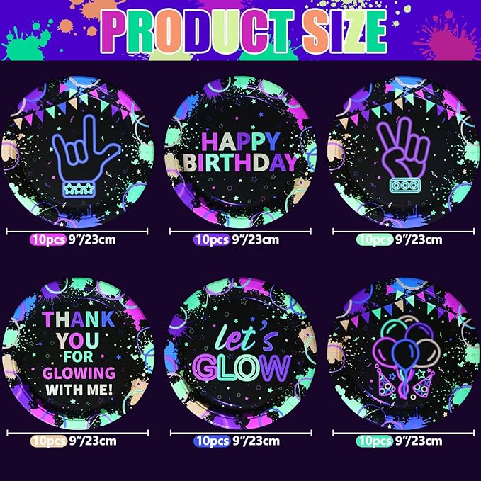 60 Pcs Neon Plates, 9'' Neon Party Decorations Paper Plates for Glow in the Dark Party Supplies Let's Glow Decor