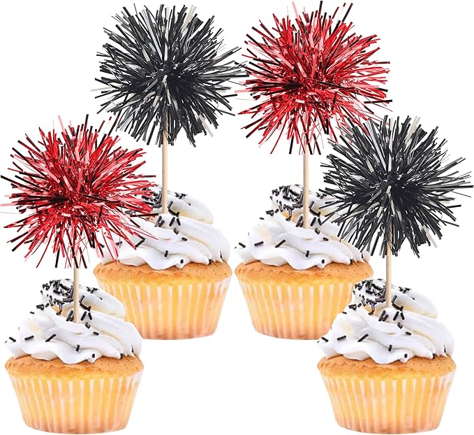 40 PCS Foil Firework Cupcake Toppers Sparkle Tinsel Cupcake Picks Fireworks Birthday Party Decorations Cocktail Fruit Toothpick for Birthday Wedding Graduation Party Decorations Supplies Black Red
