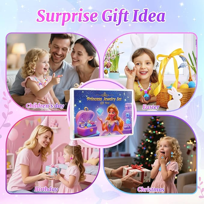 Jewelry Toys for Girls, Classic Unicorn Mermaid Frozen Themed Necklaces Bracelets Rings Earrings Set for Princess Dress Up Pretend Play, Toddler Costume Jewelry, Little Girls Christmas Birthday Gifts