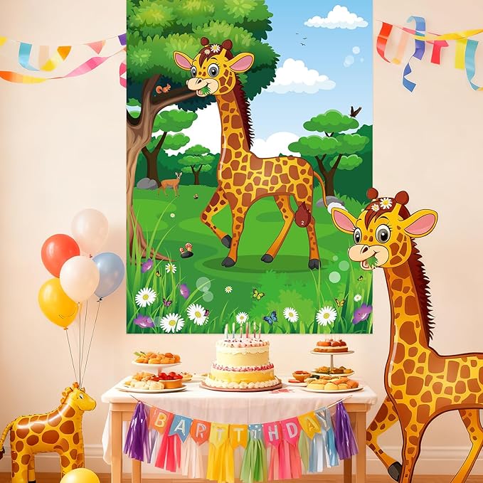 PLULON Pin The Tail on The Giraffe Party Game, Birthday Games Big Giraffe Poster with Tail Stickers for Zoo Animal Party Favors Wall Decorations Birthday Activities Jungle Party Supplies