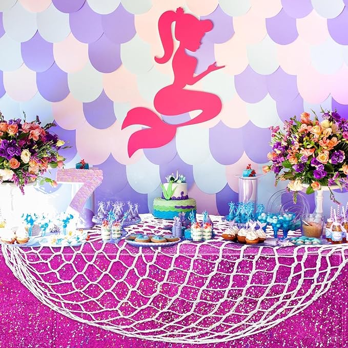 Unittype 8 Pcs Fish Net Decorative and Tablecloth Set, Cotton Fishnet and Plastic Table Cover Decorations Set for Nautical Themed Party Baby Shower Pirate Decorations Mermaid Party (Laser Colors)