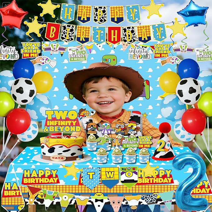 METIXOZE Two Infinity and Beyond Birthday Decorations Blue Clouds Cartoon Story 2nd Birthday Party Supplies include Backdrop Crown Cake Cupcake Toppers Hanging Swirls Two Banner Balloons Tablecloth