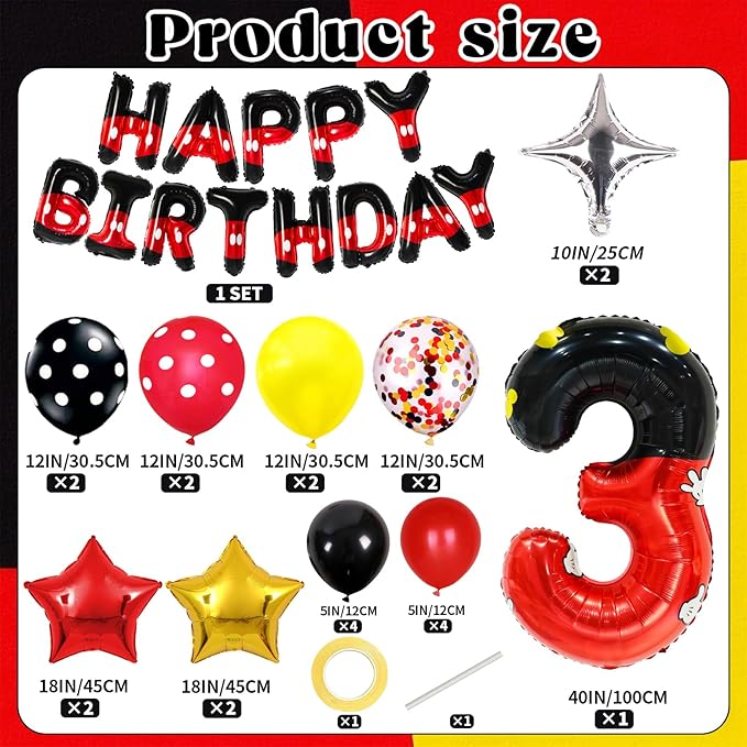 YIIHMEI 3rd Mouse Balloons Birthday Decorations Party Supplies Boy Red And Black Foil Balloon Banner 40inch Number