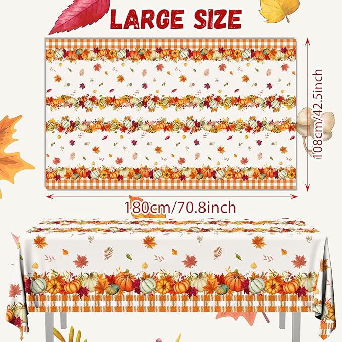 Thanksgiving Tablecloth Decoration,3pcs Fall Plastic Tablecloth Give Thanks Autumnal Pumpkins Table Cloth for Autumn Harvest Thanksgiving Party Supplies