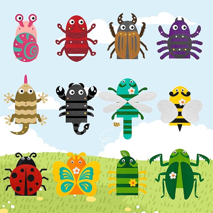 WATINC 12 Pcs Hand Puppet Making Kit, Art Craft Felt Sock Puppet Toys, Creative DIY Make Your Own Pompoms Wiggle Googly Eyes Storytelling Role Play Party Supplies Gift for Girls Boys (Insect Animals)