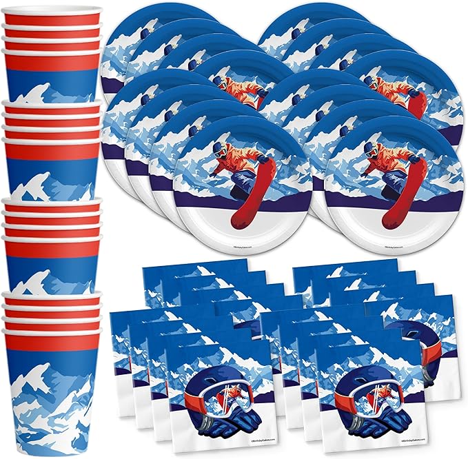 Snowboarding Birthday Party Supplies Set Plates Napkins Cups Tableware Kit for 16