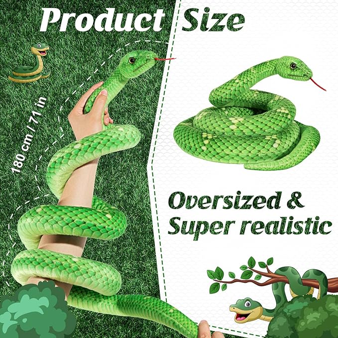 Snake Plush, 71 in Stuffed Snake Animal, Large Toy Snakes for Kids, Giant Stuffed Animals Snake, Lifelike Plush Snake for Birthday Present Party Prank Prop (Green)