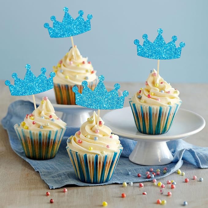 Ephlyn 24Pcs Crown Cupcake Toppers Glitter Queen Crown Cupcake Picks for Queen Princess Theme Baby Shower Girls Wedding Birthday Party Cake Decorations Supplies Blue