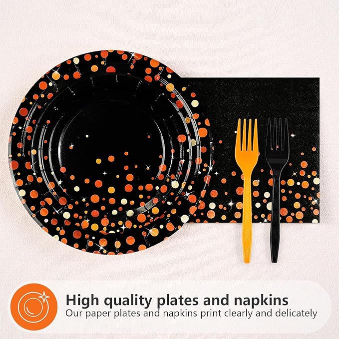 96Pcs Orange and Black Birthday Party Decorations Black Orange Polka Dot Plates and Napkins Sets for Birthday Wedding Bridal Shower Baby Shower Harvest Party Supplies Serves 24