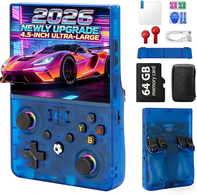 2026 NEW Upgrade R36MAXPRO Retro Handheld Game Console - 4.5 Inch Ultra-Large Screen, Support 18000+Classic Games, 64G TF Card, Linux System, 4000mAh Battery, Birthday Gift for Adult - Blue
