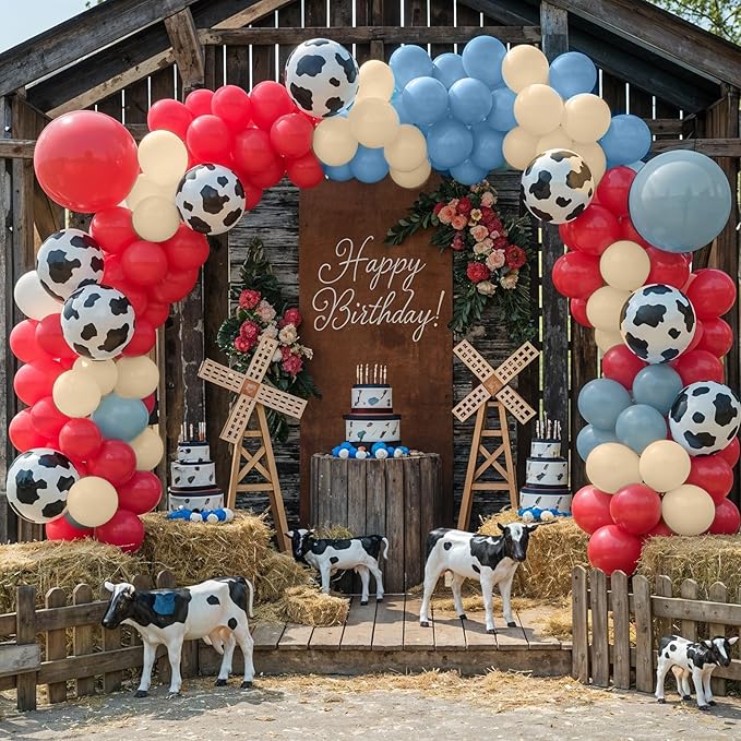 Red Blue Cow Balloons, 50Pcs 12 Inch Red Dusty Blue Sand White Farm Balloons for Kids Girl Boy Farm Theme Birthday Western Cowboy Party Baby Shower Decorations