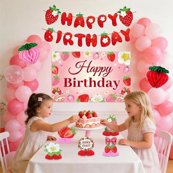 Strawberry Birthday Party Decorations ，Strawberries Banner Backdrop Red Pink Fans Hanging Swirls honeycomb ball Pom Poms for Baby Shower Strawberrys Shortcake Party Supplies(Strawberry)
