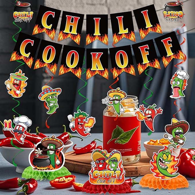 Chili Cook Off Decorations Include Chill Cook Off Banner Chili Hanging Swirls Honeycomb Centerpieces Chili Contest Tasting Competition Theme Party Supplies