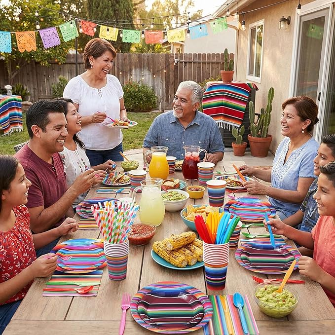 450 Pcs Mexican Serape Fiesta Party Tableware Set Decorations Cinco De Mayo Paper Plates Colorful Stripes Napkins Cups Cutlery Straws for Taco Carnival Birthday Party Supplies, Serves 50