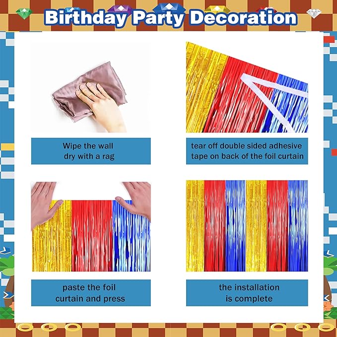 Cartoon Hedgehog Birthday Decorations for Boys,Blue Red Gold Fringe Curtains, Gold Circle Explosion Star Foil Balloon,Happy Birthday Banner