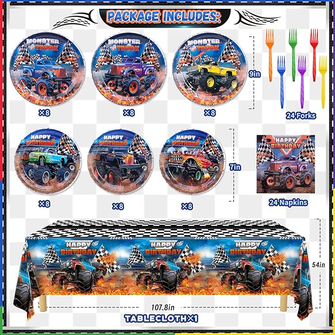 Monster Truck Birthday Decorations Kit - 97 Pcs Machines Jam Party Supplies for Boys Serves 24 Guests, Including Plates, Napkins, Forks & Tablecloth - Perfect for Monster Truck Themed Decor