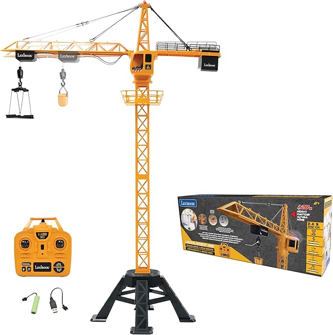LEXiBOOK, Crosslander® Pro, RC Crane, Remote-Controlled Tower Crane, Height 4.20 ft, Lifts up to 1.10 lb, Multidirectional, Sound and Light Effects, Yellow, RCP35