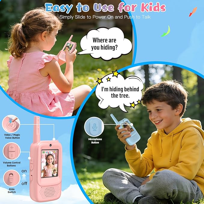 ZealSound Video Walkie Talkies for Age 3-12 Boys Girls, 2 Pack Walkie Talkies with Screen, Voice Effects, Indoor Outdoor Toys for Family Games, Camping, Hiking, Christmas Birthday Gifts (Blue/Pink)