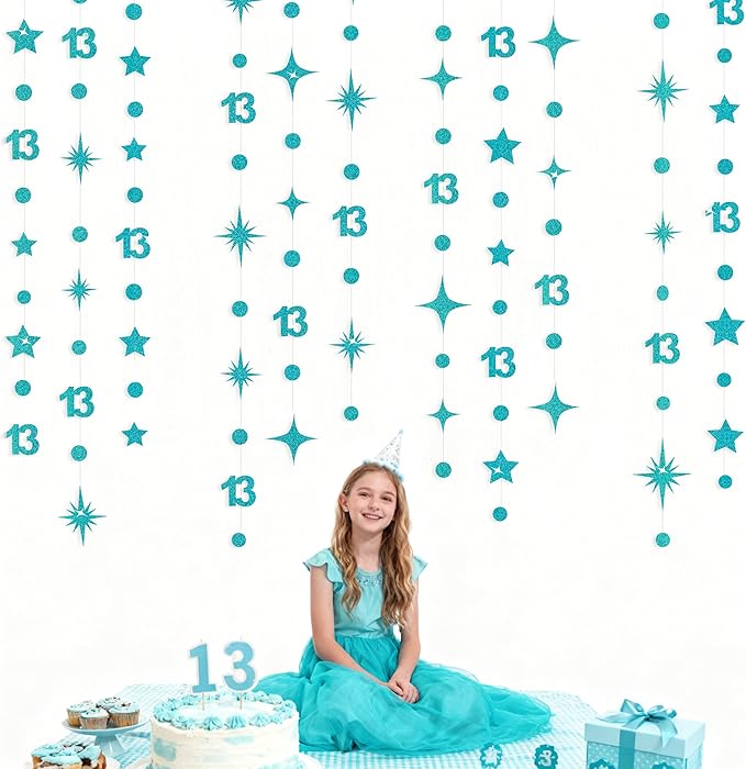 Teal Blue 13th Birthday Decorations Number 13 Circle Dot Star Garland Glitter Streamer Banner Backdrop for Girls Boys Official Teenager Cheers to 13 Years Old Birthday 13th Anniversary Party Supplies