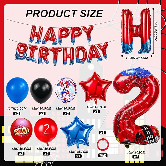Cartoon Hero 40 Inch Red and Blue Spider Theme Number Foil Birthday Decoration Balloon, Spider Theme Happy Birthday Banner Party Decoration Balloon, Letter Logo Superhero Party Supplies (2)