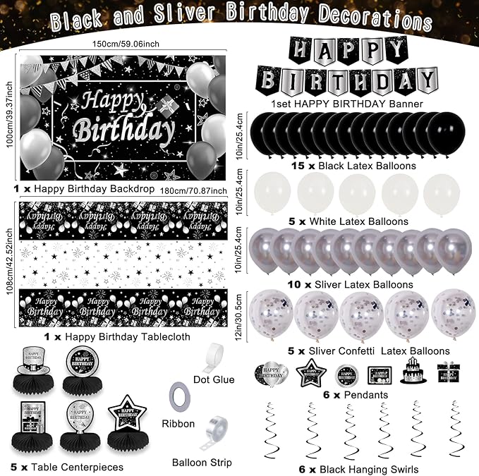 Black and Silver Birthday Decorations, BIack Birthday Decoretions for Men Women Boys Girls with Black Happy Birthday Banner Tablecloth Backdrop Balloons Arch Garland Kit Decorations Party Supplies