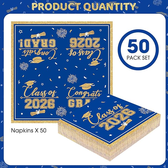 50 Pcs Graduation Napkins Class of 2026 - Blue Gold Congrats Grad Napkins Set, 3-Ply Disposable Graduation Luncheon Dinner Party Paper Napkins for Graduations Party Supplies Table Decoration
