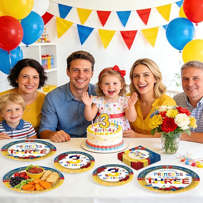 96 Pcs Snow Princess 3rd Birthday Party Supplies Cartoon Snow Plates and Napkins Red Blue Yellow Tableware Set for Girls 3rd Birthday Baby Shower Princess Theme Party Supplies, Serves 24
