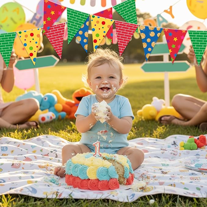Tiamon 5 Pcs Red Brick Wall Birthday Banner Decoration Yellow Blue and Green Pennant Bunting 49.2 Ft Modern Red Brick Triangle Flag for Boy Cartoon Birthday Carnival Party Decoration