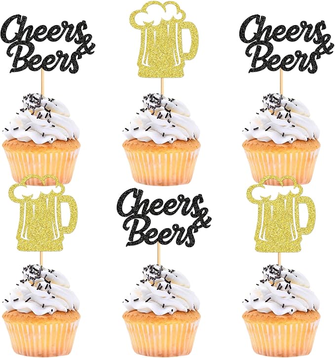 Ercadio 24 PCS Beer Party Cupcake Toppers Cheers and Beers Happy Birthday Decor for Father's Day Whiskey Beer Cake Topper Favor for Summer Family Party Decor Supplies