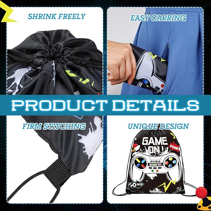 Eccliy 20 Pcs Video Game Party Favor Bags Gamer Birthday Party Drawstring Bags for Kids Boys Girls 12 x 10 Inch Gaming Goodie Treat for Game on Theme Decorations Supplies(Black, White,Vivid Style)