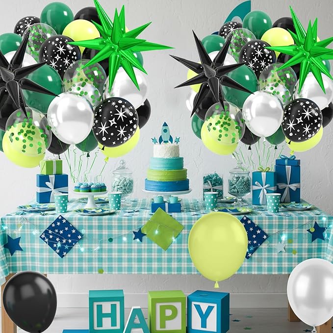 Black and Green Balloons, 12 Inch Space Party Decorations Green Black Silver Galaxy Print Foil Balloons for Alien Space Theme Galaxy Birthday Party Decorations