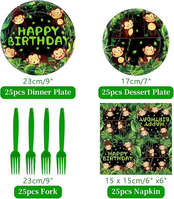 Monkey Party Supplies - Monkey Party Tableware - Dinner Plates, Dessert Plates, Napkins, Forks for Wild Jungle Animal Monkey Theme Birthday Supplies, Serves 25