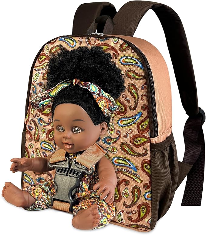 Nice2you Black Baby Doll in Take Along Backpack Carrier, 10in American African Girl Doll for Toddlers and Kids Aged 1-3 2 4 5 Year Old, Backpack for Baby Doll Accessories Storage