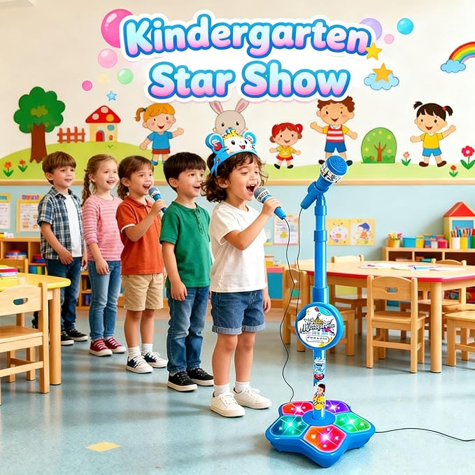 Karaoke Machine Toy with Light, Kids Karaoke Microphone with Stand, Adjustable Stand, Built-in Music, Colorful Lights, and Echo Effects, Birthday for Girls Boys (Black)