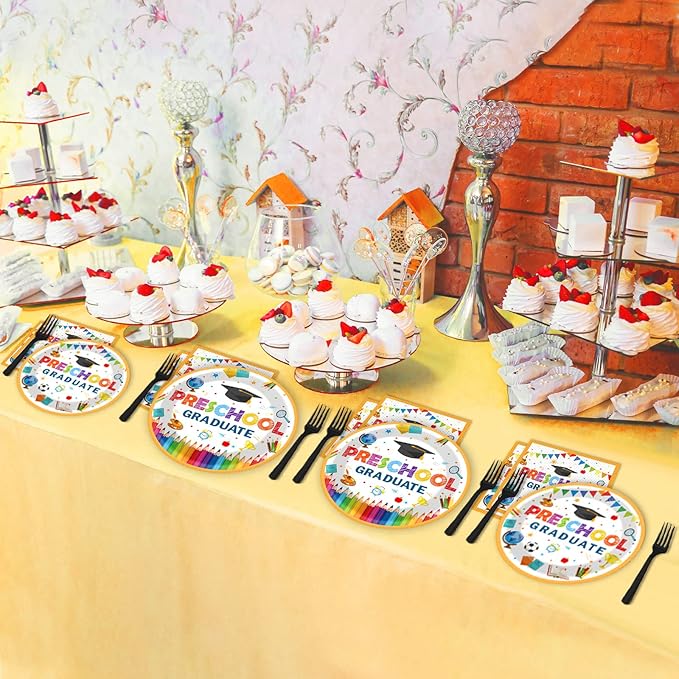 Preschool Graduation Party Supplies Pre-K Grad Tableware Set Kindergarten Graduation Plate Napkin Kindergarten Disposable Paper Dinnerware Kit for Graduate Party decoration Favor 24 Guest (White)