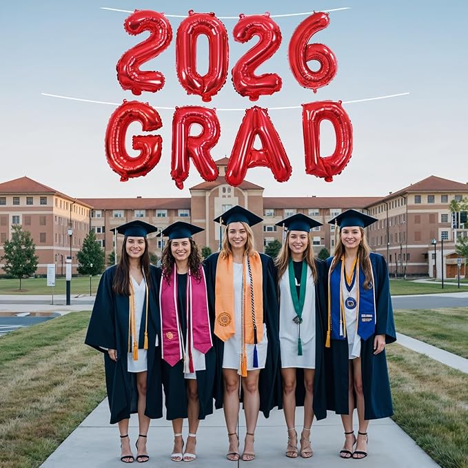 2026 Congratulations Grad Balloons, 16 Inch Red 2026 GRAD Foil Balloons Banner Sign Sign for for Graduation Decorations 2026, College High School Class of 2026 Graduate Congrats Party Decor Supplies