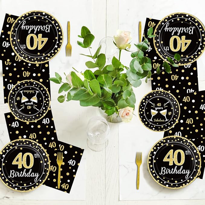 96 Pcs 40th Birthday Plates and Napkins Party Supplies Black Gold Happy Forty Theme Tableware Set 40th Birthday Decorations Favors for Men and Women Serves 24