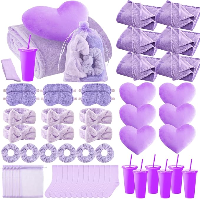 48 Pcs Sleepover Party Supplies Spa Birthday Slumber Pajamas Galentines Party Favors Coquette Throw Blanket Pillow Headband Scrunchies Eye Mask Cup Socks(Purple,Solid Color)