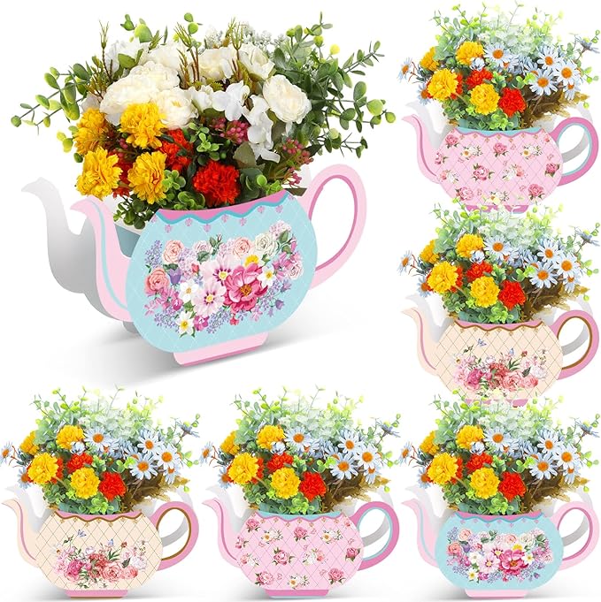 Yinder 6 Pcs Tea Party Decorations Princess Party Flower Boxes Centerpiece Floral Teapot Centerpiece for Floral Tea Themed Birthday Wedding Supplies(Sweet Tea Pot)