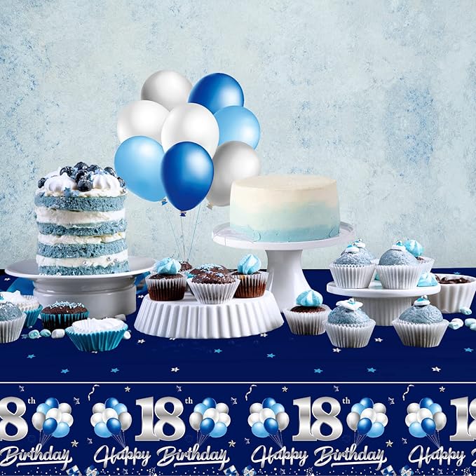 3 Pack Blue Silver 18th Birthday Tablecloth Decorations for Boy, Navy Blue Happy 18 Table Cover Party Supplies, Eighteen Years Old Birthday Disposable Rectangular Table Cloths