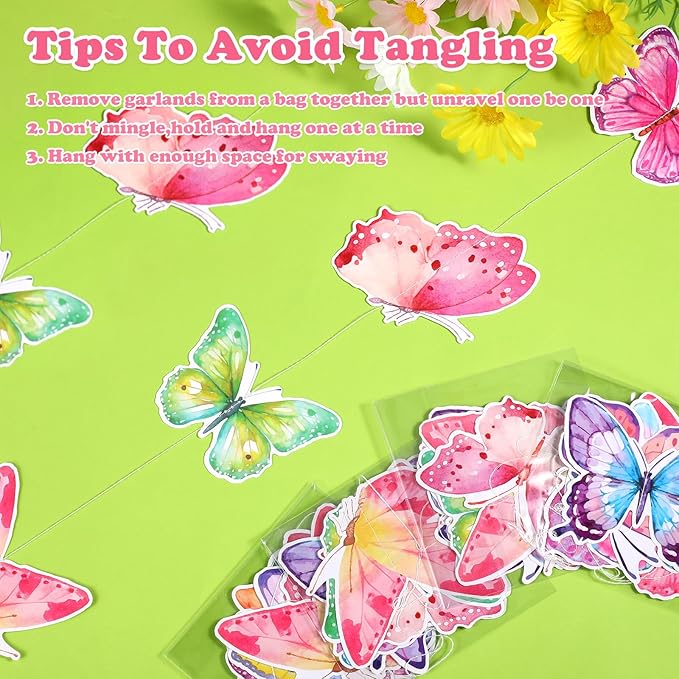 Capoda 8 Pcs Butterfly Birthday Garland Decoration Spring Butterfly Paper Garland Banners Hanging Decor for Home Wedding Bachelor Spring Birthday Party Supplies