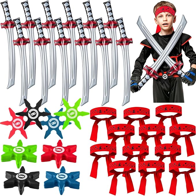 Deekin 48 Pcs Ninja Karate Party Favors Include Inflatable Sword Throwing Foam Star Toys Karate Headband for Ninja Theme Party Decoration Supplies Goodie Bag Filler Gift Costume Accessories