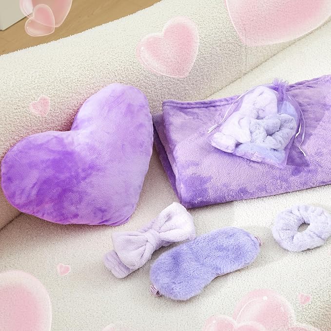 36 Pcs Sleepover Party Supplies for Girl Spa Slumber Birthday Favors Throw Blanket Pillow Eye Mask Headband Scrunchies (Solid Color,Purple)
