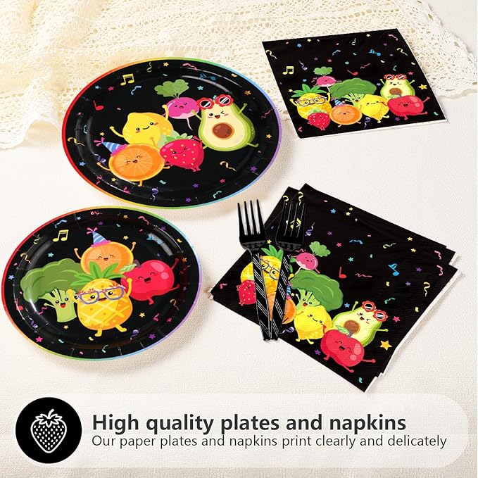 200 Pcs Dancing Fruit Party Decorations Dancing Fruits Plates and Napkins Fruits Themed Paper Dessert Plates for Kids' Birthday Baby Shower Party Supplies Serves 50