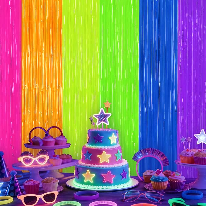 2 Pack Glow in The Dark Tinsel Curtains, Neon Party Decorations 3.3 x 6.6 Ft Blacklight Reactive Fluorescent Party Backdrop for Birthday， Wedding, Neon Party, Glow Party Decorations Supplies